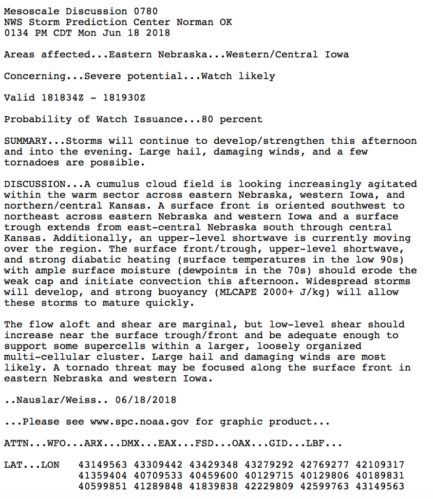 Mesoscale Discussion 780 Summary Details forecast severe threat Jun 18, 2018