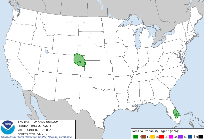 SPC Day1 Outlook - Tornado probability May 14 2018-1300UTC